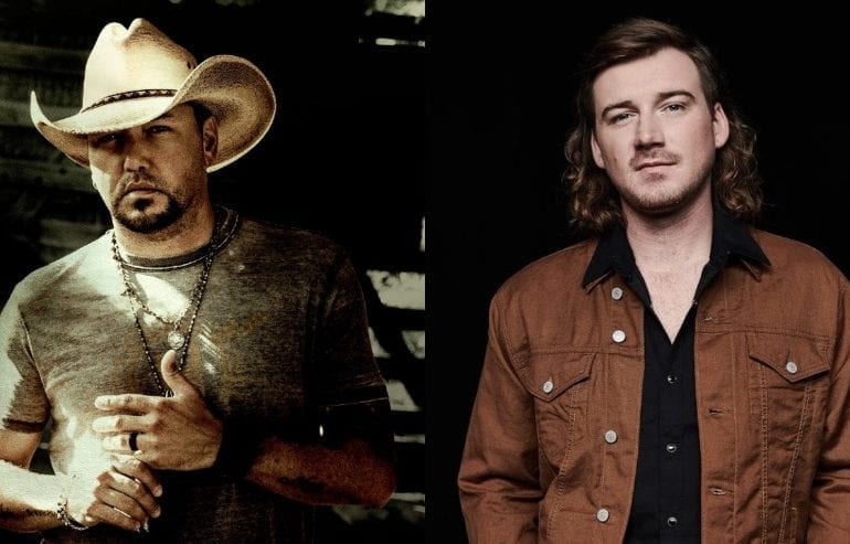 Jason Aldean with a hat and a man in a brown coat