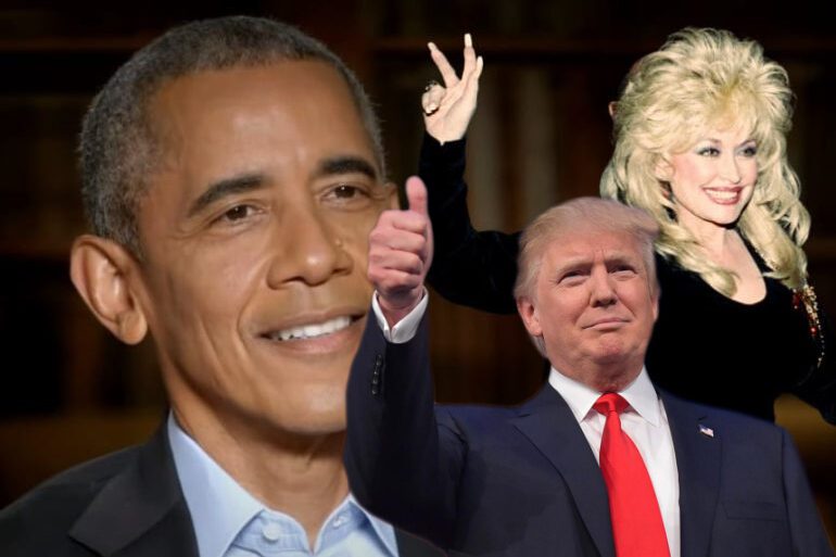 Barack Obama, Donald Trump, Dolly Parton are posing for a picture