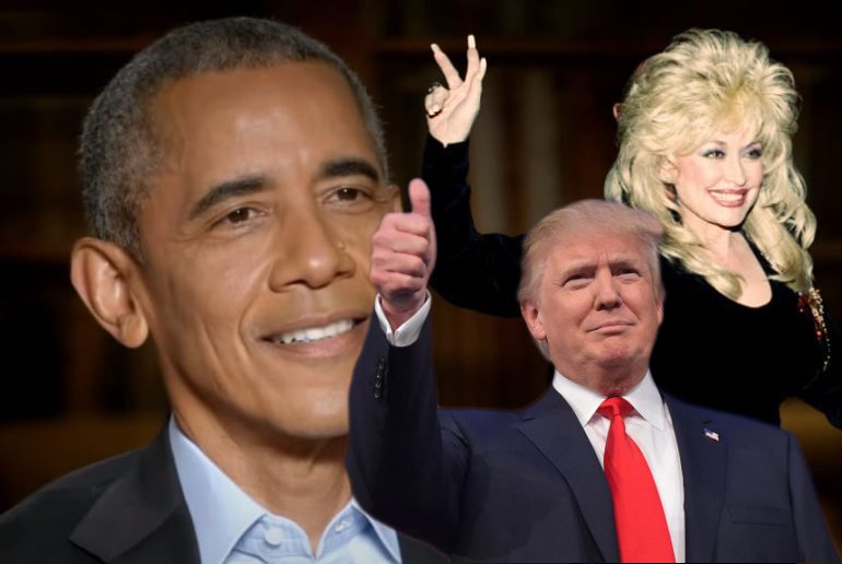 Barack Obama, Donald Trump, Dolly Parton are posing for a picture