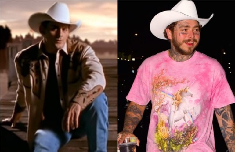 Post Malone wearing a cowboy hat and a man in a cowboy hat