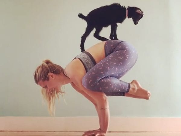 A woman in a pose with a dog